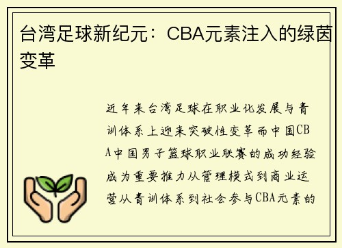 台湾足球新纪元：CBA元素注入的绿茵变革