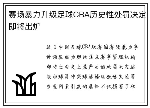 赛场暴力升级足球CBA历史性处罚决定即将出炉