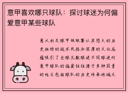 意甲喜欢哪只球队：探讨球迷为何偏爱意甲某些球队