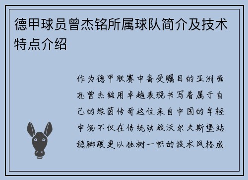 德甲球员曾杰铭所属球队简介及技术特点介绍