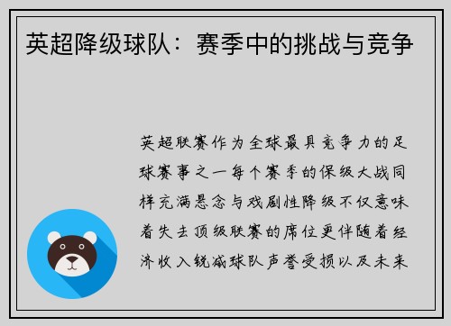 英超降级球队：赛季中的挑战与竞争